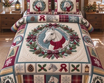 Juego de ropa de cama navideña con motivos de caballos, colcha ecuestre de invierno, dormitorio rústico navideño, decoración de caballos nevados
