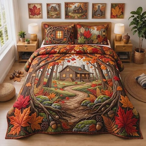 Autumn Cabin Bedding Set, Fall Forest Bedspread, Rustic Woodland Decor, Cozy Cottage Gift, Nature Bedroom