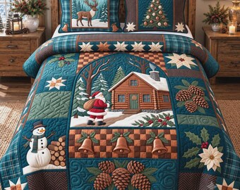 Juego de ropa de cama navideña rústica, manta de cabaña de Papá Noel y muñeco de nieve, decoración de dormitorio de invierno, juego de cama navideño