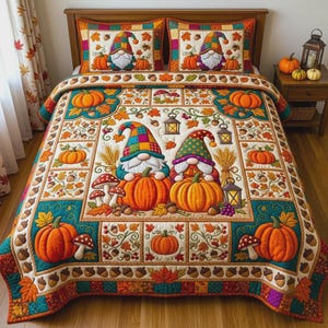 Pode incluir: Um conjunto de colcha com tema de outono apresentando dois gnomos segurando abóboras, rodeados por folhas, bolotas e cogumelos. O design inclui uma borda de patchwork em tons de laranja, verde e castanho, fronhas a condizer e motivos de lanternas.