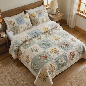 Floral Quilted Bedding, Cottagecore Flower Quilt, Farmhouse Bedspread, Pastel Floral, 3 Piece