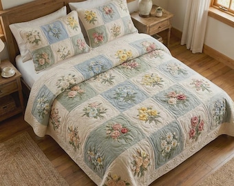 Blommigt quiltat sängkläder, Cottagecore blommigt quilt, lantligt överkast, pastellfärgat blommönster, 3 delar