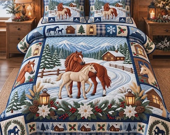 Juego de ropa de cama de invierno con estampado de caballos, colcha con diseño de cabaña nevada, decoración rústica de montaña para dormitorio, hogar ecuestre.
