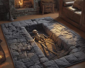 3D Dungeon Area Rug, Gothic Stone Pit Carpet, Dark Fantasy Floor Decor Mat