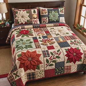 May include: A patchwork quilt and two matching pillow shams featuring a holiday theme. The bedding displays appliqued poinsettia flowers in red, white, and green, along with motifs of bells, candles, pinecones, holly berries, and plaid patterns.