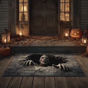 May include: A Halloween doormat depicting a zombie rising from a hole. The porch setting includes pumpkins, lanterns, and fallen leaves, evoking a spooky ambiance. The rectangular doormat is made of a durable material, perfect for the autumn season.