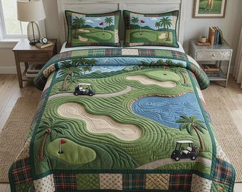 Golfquiltat sängkläder, golfbanetäcke, country club-överkast, polyester, 3 delar