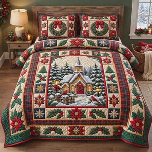 May include: A quilted bedspread and two matching pillow shams featuring a central winter scene of a stone church surrounded by snow-covered pine trees, red cardinals, and lanterns, framed by borders of poinsettias, holly, and plaid patterns.