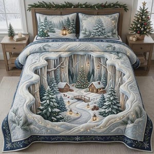 Op de afbeelding: Een beddengoedset bestaande uit een sprei en twee kussenslopen met een winterse bosscène. Het ontwerp toont besneeuwde dennenbomen, houten hutten, een klein bruggetje en verlichte lantaarns in de kleuren blauw, wit en bruin.