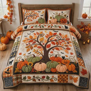 Copriletto di zucca di Halloween, decorazioni autunnali per la camera da letto con alberi, accenti rustici autunnali per la casa, regalo con gatto nero