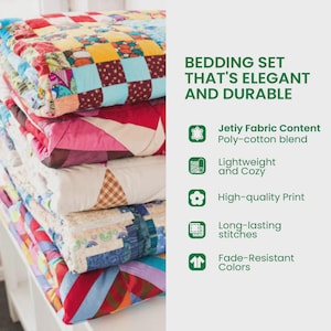 Patchwork Quiltad Sängkläder, Blommigt Quilt Överkast, Farmhouse Filt, Blå Beige, 3 Delar bild 3
