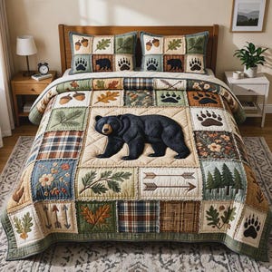 May include: A patchwork quilt and two pillow shams featuring a black bear, paw prints, acorns, and leaves. The quilt has a variety of square patterns in shades of green, brown, and beige. The bedding set is designed for a rustic or cabin-themed bedroom.