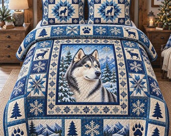 Juego de ropa de cama Husky Winter, colcha de copos de nieve, decoración para dormitorio de cabaña de montaña azul