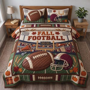 Fall Football Bedspread, Autumn Sports Bedding, Game Day Bedroom Decor, Football Fan Gift, Cozy Home Accent