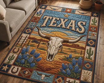 Alfombra Texas Longhorn, alfombra estilo western, tapete para rancho vaquero, decoración rústica para el hogar de Texas.
