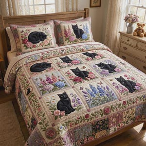 May include: A quilt and two matching pillow shams featuring a patchwork design of black cats and various colourful flowers including roses, hydrangeas, and lavender. The bedding set has a cream-coloured background with floral borders and cat motifs.