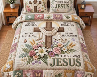 Juego de ropa de cama cristiana con motivos de Jesús, colcha floral con cruz, decoración de dormitorio inspirada en la fe.