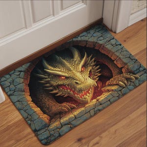 May include: A rectangular doormat depicting a dragon bursting from a stone archway. The dragon is yellow with red eyes and sharp teeth. The archway is constructed from blue-grey stone, creating a fantasy theme.