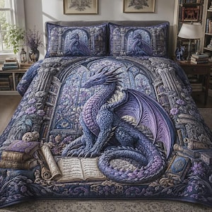 May include: A bedding set featuring a large purple dragon sitting in front of an arched window with bookshelves. The design includes stacks of old books, scrolls, and floral accents in shades of blue and purple, printed on the comforter and pillows.