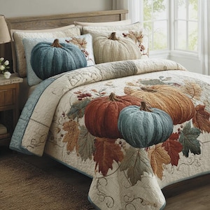 May include: A bedding set featuring a quilt and pillow shams with a cream background, decorated with a pattern of large pumpkins in shades of teal, orange, and beige, interspersed with detailed autumn leaves and vines in brown and green tones.