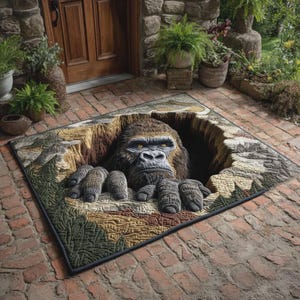 May include: A rectangular doormat with a 3D image of a gorilla. The gorilla has brown fur, yellow eyes, and gray hands. The mat is framed with a black border and is placed on a brick surface. The mat's dimensions are in centimeters.