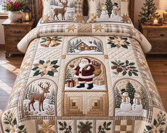 Juego de ropa de cama navideña, manta de Papá Noel y muñeco de nieve, ropa de cama rústica de invierno, decoración navideña para dormitorio de cabaña