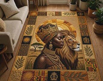 Alfombra Afro Queen, Alfombra Mujer Africana, Alfombra Espíritu de León, Decoración Afrocéntrica para el Hogar