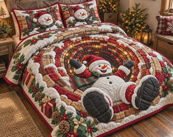 Snowman Bedding Set, Winter Bedspread, Rustic Cabin Bedroom Decor, Cozy Holiday Home Decor