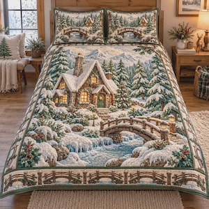 Könnte beinhalten: Eine gewebte Tagesdecke und zwei passende Kissenbezüge mit einer Winterlandschaft, die ein Steinhaus, schneebedeckte Tannen, eine hölzerne Bogenbrücke über einen gefrorenen Bach und Berge im Hintergrund in Grün- und Weißtönen zeigt.