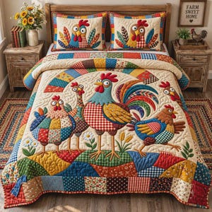 Puede incluir: Una colcha acolchada y dos fundas de almohada a juego con un colorido diseño de patchwork de gallos y gallinas. La tela de color crema está decorada con varios cuadrados estampados en rojo, azul, amarillo y verde, mostrando motivos de granja.