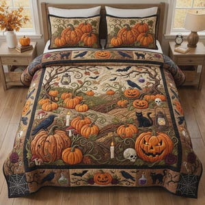 May include: A Halloween-themed quilt set featuring a beige background with orange pumpkins, black cats, ravens, bats, skulls, lanterns, and candles. The bedding includes two matching pillow shams and a large quilt with a decorative border pattern.
