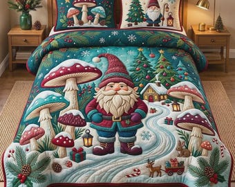 Juego de ropa de cama navideña con forma de seta de Papá Noel, manta de País de las Maravillas Invernal, decoración navideña para el dormitorio, juego de cama festivo