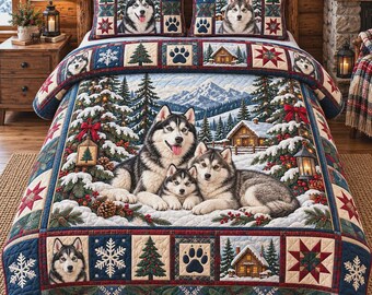 Juego de ropa de cama navideña con diseño de husky, manta de invierno para perros, decoración de dormitorio con temática de cabaña nevada, ropa de cama rústica para las fiestas.