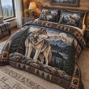 Peut inclure: Une parure de lit avec un motif de loup représentant un grand loup dans une forêt, des montagnes et une pleine lune. L'ensemble comprend deux taies d'oreiller assorties avec des images de loups et une bordure de sapins et d'empreintes.