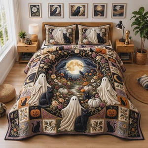 May include: A quilt and two matching pillow shams featuring a Halloween theme with white ghosts, black cats, pumpkins, and roses. The central design displays a full moon, ravens, and a forest path, all framed by a decorative border of floral motifs.