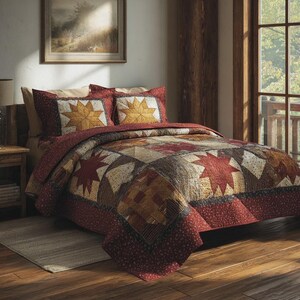 Copriletto rustico patchwork, decorazione autunnale per camera da letto in stile baita, accento country-farmhouse, accogliente regalo autunnale