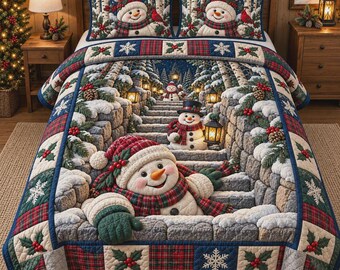 Snowman Bedding Set, Winter Woodland Bedspread, Rustic Cabin Bedroom Decor, Cozy Seasonal Home Accent