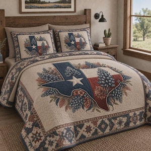 May include: A beige quilt and two matching pillow shams featuring a large central graphic of the state of Texas in blue, white, and red. The design is surrounded by blue and orange floral accents and a geometric border pattern in blue and brown.