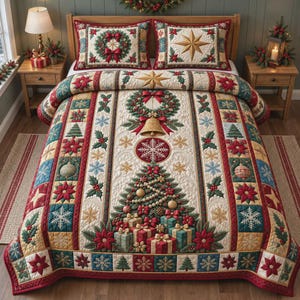 May include: A Christmas-themed quilt set featuring a central design of a decorated tree, a bell, and wrapped gifts. The quilt and two matching pillow shams are decorated with poinsettias, snowflakes, and pine trees in red, green, and gold colours.