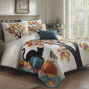 Sprei met zwarte kat en pompoen, herfst slaapkamerdecoratie, landelijke herfstaccenten, Halloween cadeau
