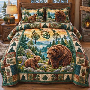 Peut inclure: Un couvre-lit matelassé et deux taies d'oreiller assorties présentant un paysage imprimé d'un ours brun et de son petit dans une forêt avec des montagnes, un lac et des pins. La bordure affiche un motif répétitif de feuilles vertes et de pommes de pin.