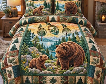 Juego de ropa de cama con diseño de la familia de los osos, manta con motivos de animales salvajes, ropa de cama rústica para cabaña, decoración para dormitorio de cabaña de montaña.