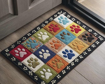 Paw Print Doormat, Dog Lover Welcome Mat, Colorful Patchwork Entry Rug, Pet Home Decor