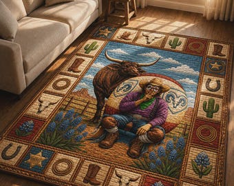 Alfombra vaquera de Texas, alfombra de rancho del oeste, tapete de cuernos largos, decoración rústica para el hogar campestre.