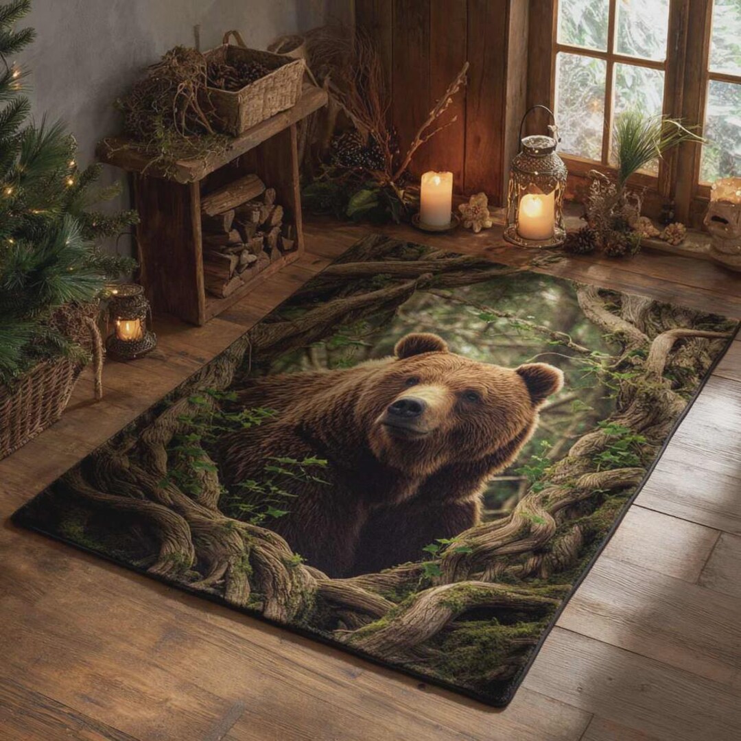 Rustic Bear Rug, Cabin Decor, Woodland Animal Area Rug for Living Room ...