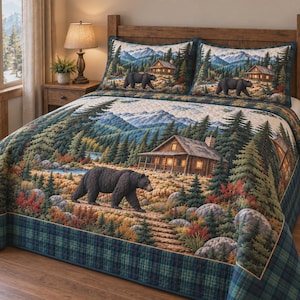 May include: A quilt and two matching pillow shams featuring a printed landscape of a log cabin in a forest with mountains in the background. The scene includes black bears walking through the trees and a dark green plaid border trim.