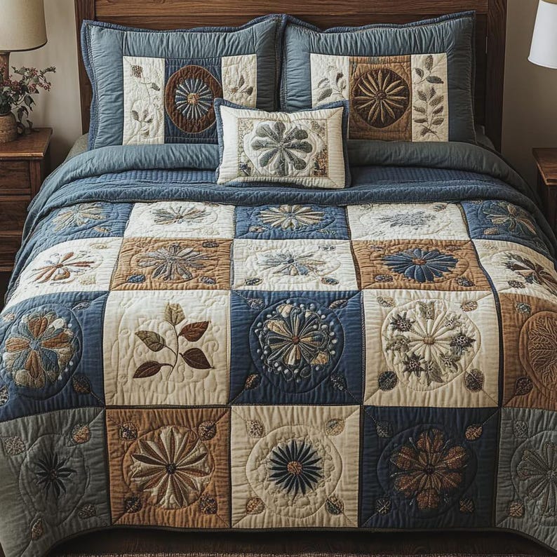 Patchwork Quiltad Sängkläder, Blommigt Quilt Överkast, Farmhouse Filt, Blå Beige, 3 Delar bild 1