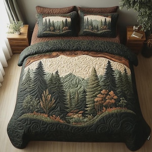 May include: A bed set featuring a forest landscape design. The quilt and pillowcases display a detailed illustration of pine trees, mountains, and a forest scene in shades of green, brown, and beige. The bedding set includes two pillowcases and a quilt.