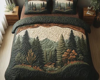 Woodland Quilted Bedding, Forest Mountain Quilt, Rustic Cabin Bedspread, Polyester, 3 Piece