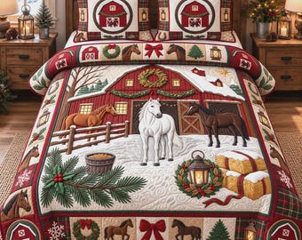 Juego de ropa de cama navideña con motivos de caballos, colcha rústica de granero, decoración invernal para dormitorio ecuestre, estilo granja.